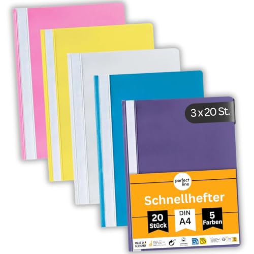 perfect line - 60 Schnellhefter (PP) DIN-A4, 5 Farben, recycelbarer Kunststoff, made in Germany, (3 Sets á 20 Stk.) von perfect line