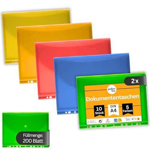 perfect line - Dokumententaschen DIN-A4 5 Farben, Sammelmappe mit Klettverschluss, stabile Dokumentenmappe, Kapazität ca. 200 Blatt - 2 cm Füllhöhe (20) von perfect line