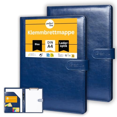 perfect line - Klemmbrettmappe DIN-A4 mit Magnetverschluss - aus strapazierfähigem Kunstleder in stilvoller Leder-Optik - Premium Businessmappe (2 Mappen - Blau) von perfect line