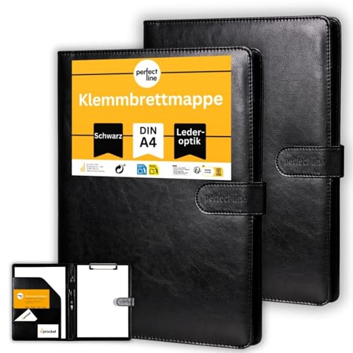 perfect line - Klemmbrettmappe DIN-A4 mit Magnetverschluss - aus strapazierfähigem Kunstleder in stilvoller Leder-Optik - Premium Businessmappen in eleganten Farben (2 Mappen - Schwarz) von perfect line