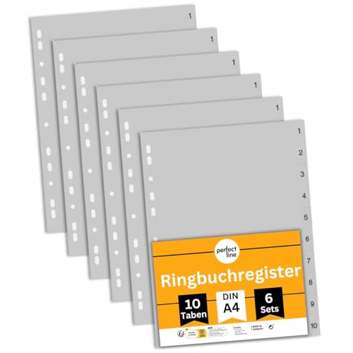 perfect line Ordner-Register DIN-A4 aus Kunststoff (PP), 10 Taben (10-teilig), 6er Set, Grau, Trennblätter für Akten-Ordner, recycelbar, MADE IN GERMANY von perfect line