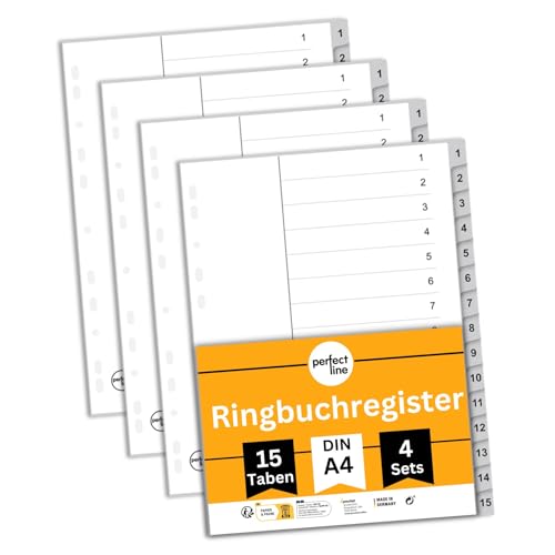 perfect line Ordner-Register DIN-A4 aus Kunststoff (PP), 15 Taben (15-teilig), 4er Set, Grau, Trennblätter für Akten-Ordner, recycelbar, Made in Germany von perfect line