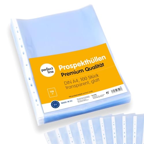 perfect line 100 Prospekthüllen A4, Klarsichtfolien Glasklar, Extra-Stark, 110 my, MADE IN EU (1 x 100 Stk.) von perfect line