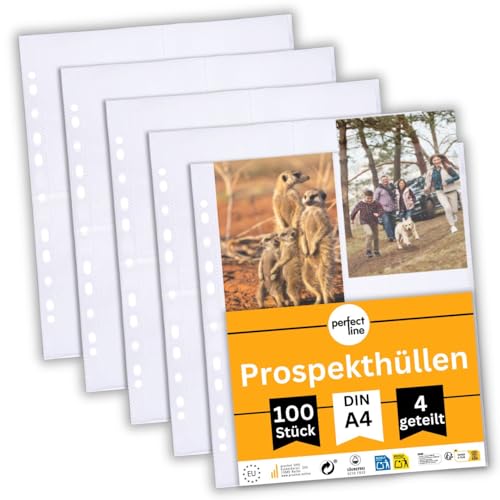 perfect line 100 Sammelhüllen DIN-A4, 4-geteilt, Fotohüllen transparent, Prospekthüllen Glasklar, 90 my Stark, dokumentenecht von perfect line