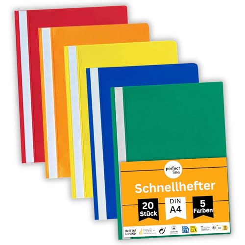 perfect line - 20 Schnellhefter (PP) DIN-A4, 5 Farben, recycelbarer Kunststoff, Made in Germany von perfect line