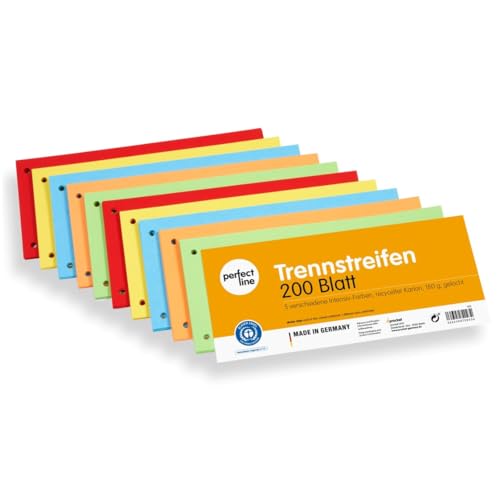 perfect line 200 Trennstreifen für Ordner A4, Trennblätter aus Recycling-Karton, MADE IN GERMANY, 5 Farben, gelocht von perfect line