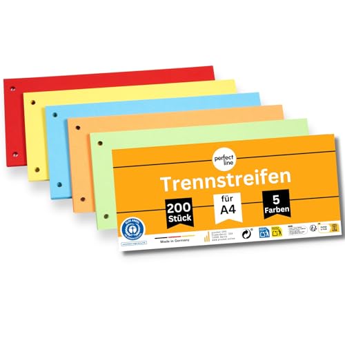 perfect line 200 Trennstreifen für Ordner A4, Trennblätter aus Recycling-Karton, MADE IN GERMANY, 5 Farben, gelocht von perfect line