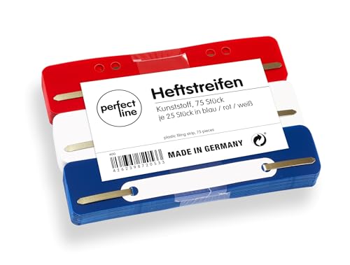 perfect line • 75 Heftstreifen (3x25 Stk.), recycelbarer Kunststoff, MADE IN GERMANY (Rot, Blau, Weiß.) von perfect line