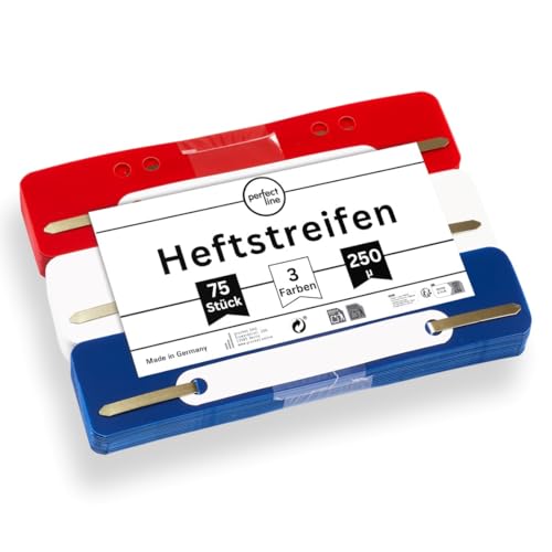 perfect line - 75 Heftstreifen (3x25 Stk.), recycelbarer Kunststoff, 3 Farben (Rot, Blau, Weiß), Made in Germany von perfect line