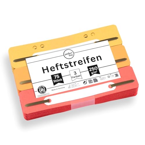 perfect line - 75 Heftstreifen Pappe, recycling Karton, 250 g/m²,3 Farben (Gelb, Orange, Rot), Made in Germany, Heftlaschen Blauer Engel zertifiziert von perfect line