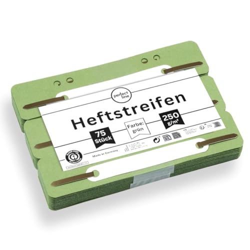 perfect line - 75 Heftstreifen Pappe, recycling Karton, 250 g/m², Farbe Grün, Made in Germany, Heftlaschen Blauer Engel zertifiziert von perfect line
