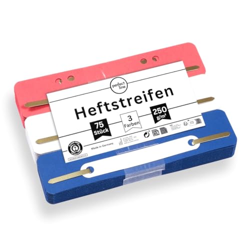perfect line - 75 Heftstreifen Pappe, recycling Karton, 250 g/m², 3 Farben (Rot, Blau, Weiß), Made in Germany, Blauer Engel zertifiziert von perfect line