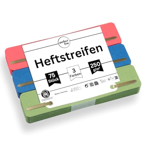 perfect line - 75 Heftstreifen Pappe, recycling Karton, 250 g/m², 3 Farben (Rot, Grün, Blau), Made in Germany, Blauer Engel zertifiziert von perfect line