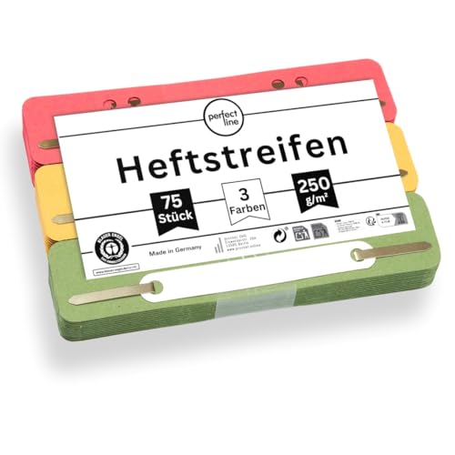 perfect line - 75 Heftstreifen Pappe, recycling Karton, 250 g/m², 3 Farben (Rot, Grün, Gelb), Made in Germany, Blauer Engel zertifiziert von perfect line