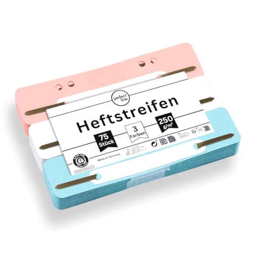 perfect line - 75 Heftstreifen Pappe, recycling Karton, 250 g/m², 3 Farben (Weiß, Rosa, Hellblau), Made in Germany, Heftlaschen Blauer Engel zertifiziert von perfect line
