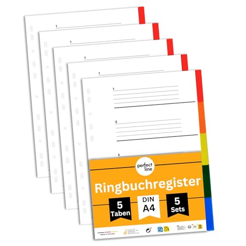 perfect line - Ordner-Register DIN-A4 aus Kunststoff (PP), 5 Taben (5-teilig), 5er Set, Trennblätter für Akten-Ordner, recycelbar, made in Germany von perfect line