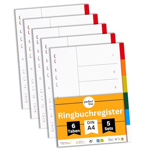 perfect line - Ordner-Register DIN-A4 aus Kunststoff (PP), 6 Taben (6-teilig), 5er Set, Trennblätter für Akten-Ordner, recycelbar, made in Germany von perfect line