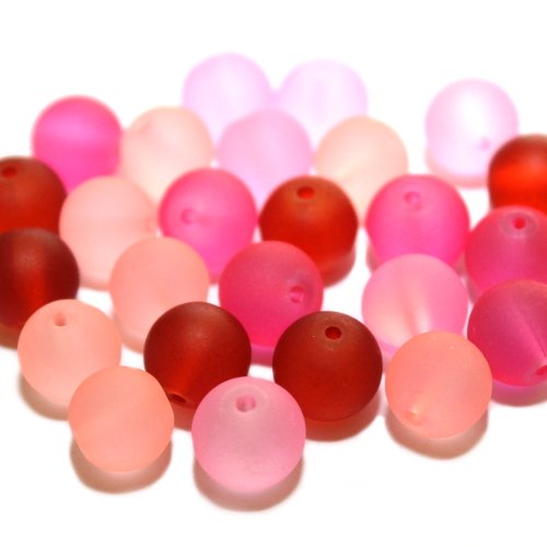 Glasperle Kugel matt gefrostet mix rot/rosa Töne 10mm (15344) 25Stk. 4 Farben von perlenundmehr