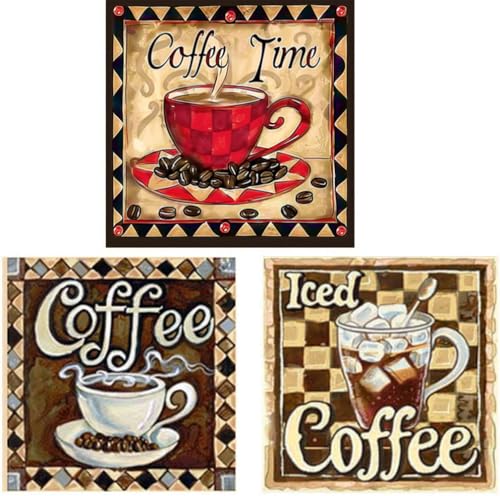 Coffee Time Diamond Painting Kit,Pigpigboss 3 Pack Kaffeetasse Diamond Painting Set Eiskaffee Diamant Punkt Kunst Handwerk Küche Dekor Kaffee Diamant Malen nach Zahlen für Erwachsene (30.5x30.5 cm) von pigpigboss