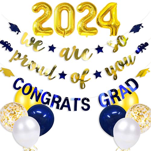 2021 Abschluss-Party-Dekorationen, We are So Proud of You Congrats Graduation Banner mit Graduation Cap Diplom Stern Girlande für Glückwunsch Grad Party Zubehör (blau und goldfarben) von pinkblume