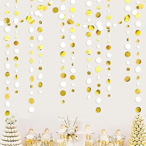 52 Feet White and Gold Circle Dots Garland Hanging Paper Polka Dots Streamer for Birthday Bachelorette Engagement Anniversary Wedding Baby Bridal Shower Christmas Holiday Party Decorations Supplies von PinkBlume