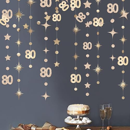 Champagner-Gold-Dekoration zum 80. Geburtstag, Zahl 80, Kreis, Punkte, Sterngirlande, Metallic-Luftschlangen, Banner für Damen und Herren, Prost bis 80 Jahre, Geburtstag, Happy 80th Anniversary von pinkblume