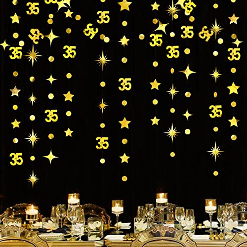 Goldfarbene Dekoration zum 35. Geburtstag, Zahl 35, Kreis, Punkt, funkelnder Stern, Girlande, Metallic, hängende Luftschlangen, Wimpelkette, Banner Hintergrund für Damen, 35. Geburtstag, 35. Goldfarbene Dekoration zum 35. Geburtstag, Zahl 35, Kreis, Punkt, funkelnder Stern, Girlande, Metallic, hängende Luftschlangen, Wimpelkette, Banner Hintergrund für Damen, 35. Geburtstag, 35. von pinkblume