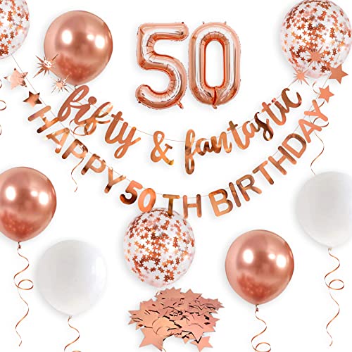 Rose Gold Fifty & Fantastic Happy 50th Birthday Banner Girlande Folienballon 50 für Damen 50. Geburtstag Dekorationen Hängende 50 und Fabulous Cheers to 50 Years Old Birthday Party Supplies von pinkblume