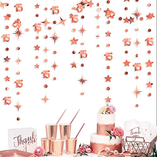 Roségoldene Dekoration zum 15. Geburtstag, Zahl 15, Kreis, Punkte, Funkelnde Sterngirlande, Metallic, hängende Luftschlangen, Wimpelkette, Banner, Hintergrund für Mädchen und Jungen, 15. Geburtstag, von pinkblume