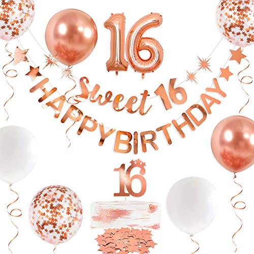 Rotgold Sweet 16 Happy Birthday Banner Girlande für süße 16 Dekorationen Hängende süße 16 Schilder für Mädchen 16. Geburtstag Party Dekor 16. Happy Birthday Party für Sweet Sixteen Party Supplies von PinkBlume