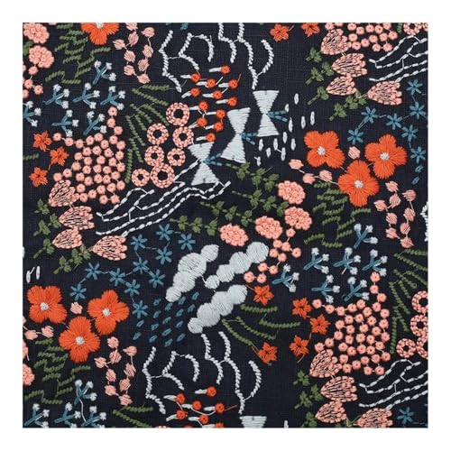 Baumwoll-Leinenstoff mit Blumenstickerei, Baumwolle, Nähstoff, Kleiderkleidung, Stoff (dunkelblau, 45 cm x 125 cm) von pipisweet
