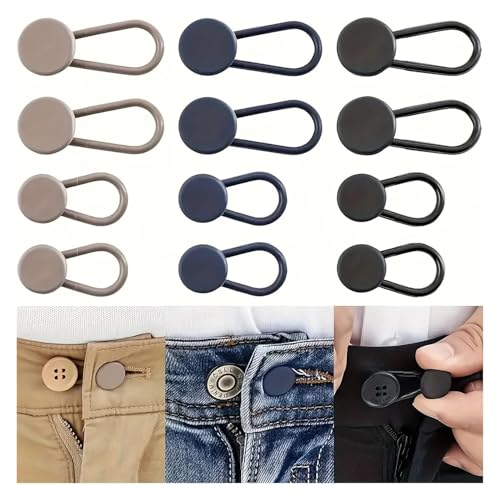 Einfach verstellbare Hosenbänder/Hosendehner, 4/12er-Pack, nahtlos, verstellbare Hosenknopf-Erweiterungen für 2,5 - 3,6 cm, Uni in Khaki/Blau/Schwarz (12 Stück) von pipisweet