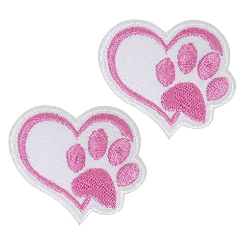 pipomama 2 x Hundepfoten-Herz-Aufnäher zum Aufbügeln für Kleidung, bestickte Applikation, Abzeichen, zum Aufnähen, Emblem, DIY, Handwerk (rosa) von pipomama