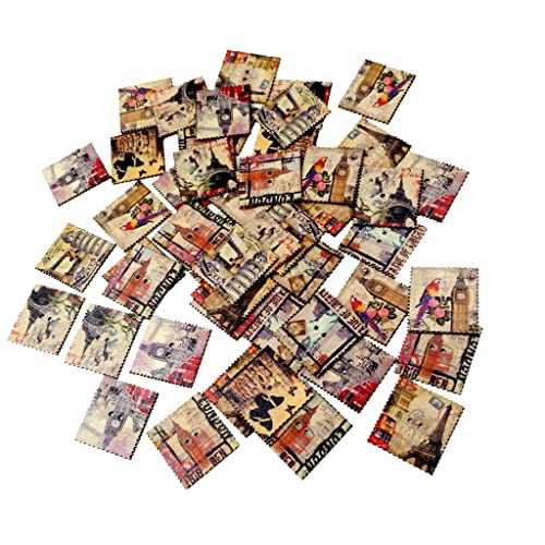 50 Stück quadratische szenische Stempel, 2 Löcher, flache Rückseite, Holzknöpfe zum Nähen, Basteln, Scrapbooking, Kartenherstellung von pistro