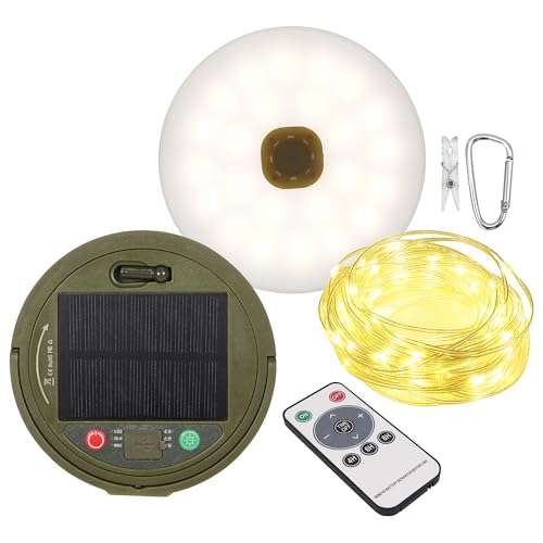 10m Solar Camping Lichterkette Aufrollbar, USB Wiederaufladbar, 1800mAh, 8 Beleuchtungsmodi, IP44 Spritzwassergeschützt und Verstaubar Tragbar für Camping, Zelte (Warmweiß/Solar and Usb Charge) von plainshe