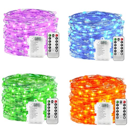 Lichterkette Batterie - 4 Stk Blau/grün/lila/orange, 100 LED Lichterkette 10m 8 Modi Fernbedienung, Timer Lichterkette Draht, Dimmbar Lichterkette Akku, Weihnachten Lichterkette Batteriebetrieben von plainshe