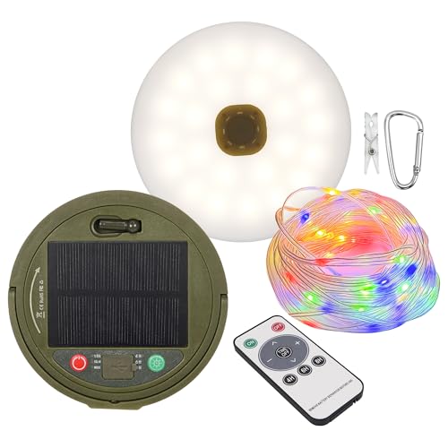 plainshe 10m Solar Camping Lichterkette Aufrollbar, USB Wiederaufladbar, 1800mAh, 8 Beleuchtungsmodi, IP44 Spritzwassergeschützt und Verstaubar Tragbar für Camping, Zelte (RGB/Solar and Usb Charge) von plainshe