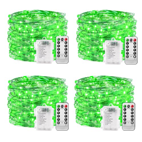 plainshe Lichterkette Batterie - 4 Stk Grün, 100 LED Lichterkette 10m 8 Modi Fernbedienung, Timer Lichterkette Draht, Dimmbar Lichterkette Akku, Weihnachten Lichterkette Batteriebetrieben Wasserdicht von plainshe