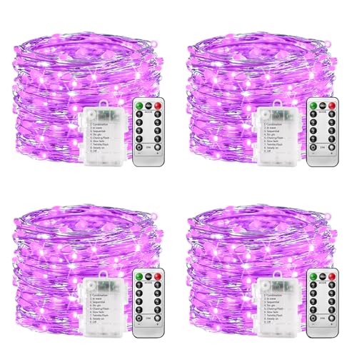 plainshe Lichterkette Batterie - 4 Stk Lila, 100 LED Lichterkette 10m 8 Modi Fernbedienung, Timer Lichterkette Draht, Dimmbar Lichterkette Akku, Weihnachten Lichterkette Batteriebetrieben Wasserdicht von plainshe
