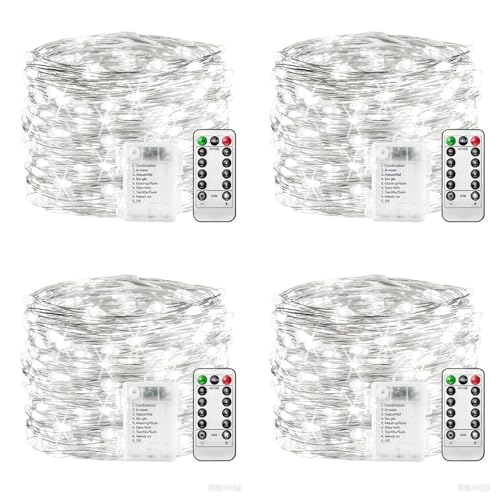 plainshe Lichterkette Batterie - 4 Stk Weiß, 100 LED Lichterkette 10m 8 Modi Fernbedienung Wasserdicht Weihnachten von plainshe