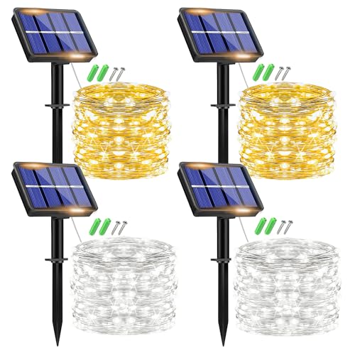 plainshe Solar Lichterkette Aussen, 15M 150 LED Lichterkette Solar Außen Wetterfest, 8 Modi Kupferdraht Lichterkette Outdoor Wasserdicht für Garten Terrasse Balkon (2P Warm Weiß + 2 Weiß) von plainshe