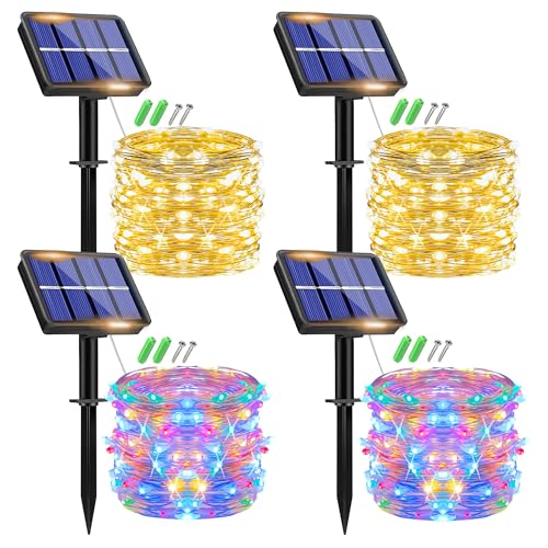 plainshe Solar Lichterkette Aussen, 15M 150 LED Lichterkette Solar Außen Wetterfest, 8 Modi Kupferdraht Lichterkette Outdoor Wasserdicht für Garten Terrasse Balkon (2P warm weiß + 2P mehrfarbig) von plainshe