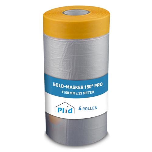 plid® Gold-Masker 150° Pro Abdeckfolie mit Klebeband [4x1100mm] - Hochwertiges Abklebeband mit Folie, Kombiniertes Goldband Klebeband, Für Innen- und Außenanstriche, UV-Resistent & scharfe Farbkanten… von Plid