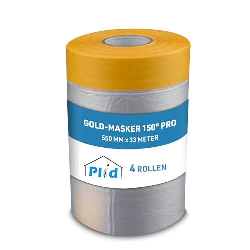 Plid® Gold-Masker 150° Pro Abdeckfolie mit Klebeband [4x550mm] - Hochwertiges Abklebeband mit Folie - Kombiniertes Goldband Klebeband Innen- und Außenanstriche - UV-Resistent & scharfe Farbkanten von Plid