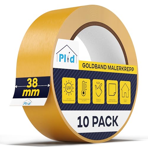 plid® Goldband Malerkrepp [Wasserabweisend] - Malerklebeband Nassfest - für Innen & Außen - Abklebeband Maler - verhindert Unterlaufen von Farben - Painters Tape - Klebeband Maler (38mm, 10 Rollen) von plid