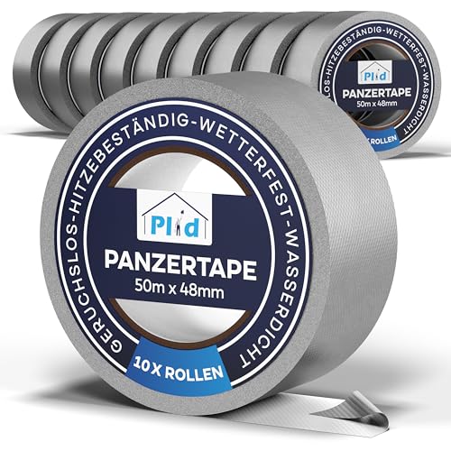 plid® Panzertape silber á 50m x 48mm [wasserfest] - Extra Starkes Gewebeband Gaffa Tape - Wasserfestes Klebeband - Innen & Außen - Panzerband - Duct Tape - Abdichten, Fixieren, Befestigen (10) von plid