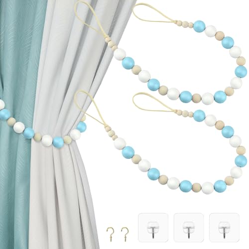 poeland 2 Stück Holzperlen Vorhang Raffhalter, Boho Vorhanghalter mit Haken, Vorhang Raffhalter für Schlafzimmer, Kinderzimmer, Esszimmer Dekoration (Blau & Weiß) von poeland