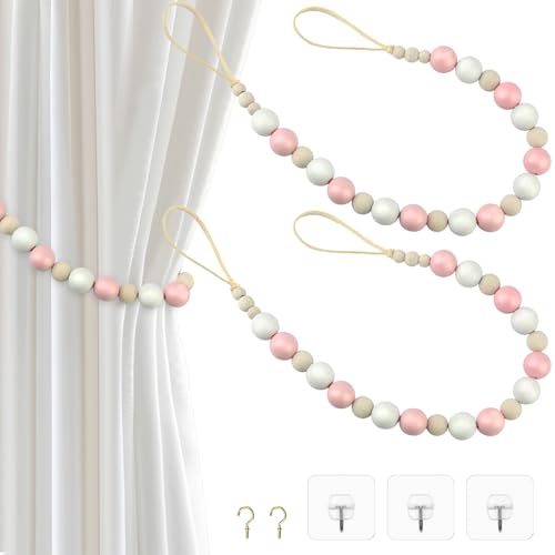 Poeland 2 Stück Holzperlen Vorhang Raffhalter, Boho Vorhanghalter mit Haken, Vorhang Raffhalter für Schlafzimmer, Kinderzimmer, Esszimmer Dekoration (Rosa & Weiß) von poeland