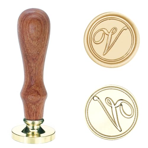 Poemluve Siegelstempel Initialen V 25mm Wachssiegel Stempel für Einladungen zur Hochzeit mit Holzgriff Vintage Wachs Siegel Stempel Buchstaben für Umschlag Briefe Geschenkpapier Umschlag (Buchstabe V) von poemluve