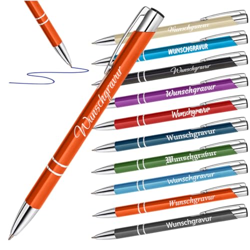 10 Stück Metall Kugelschreiber Orange mit Gravur - ergonomische Druckkugelschreiber - Geschenk zur Einschulung - für Schule und Uni - blaue Mine von polar-effekt